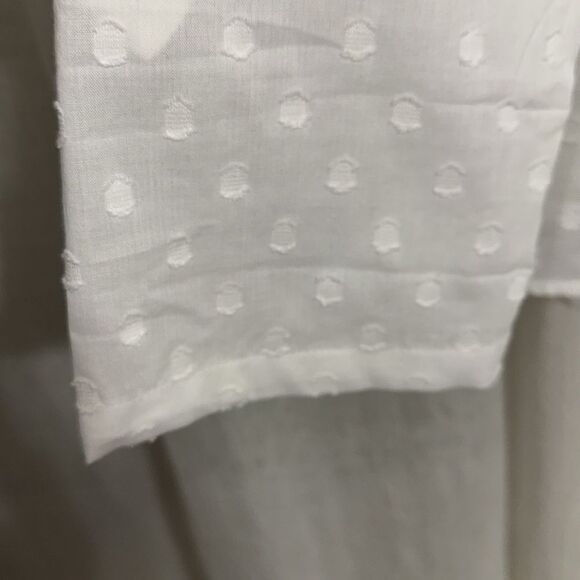 Van Heusen L White Cotton Swiss Dot Long Tab Roll up Sleeve V-Neck Top - Picture 9 of 14